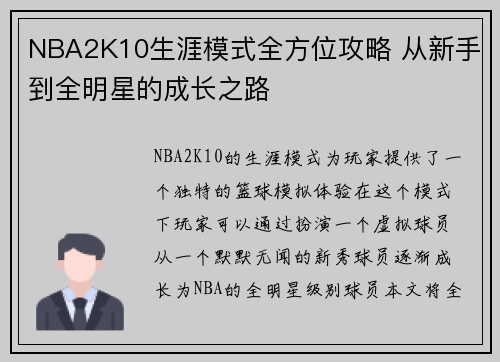 NBA2K10生涯模式全方位攻略 从新手到全明星的成长之路