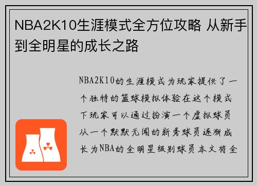 NBA2K10生涯模式全方位攻略 从新手到全明星的成长之路