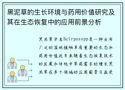 黑泥草的生长环境与药用价值研究及其在生态恢复中的应用前景分析