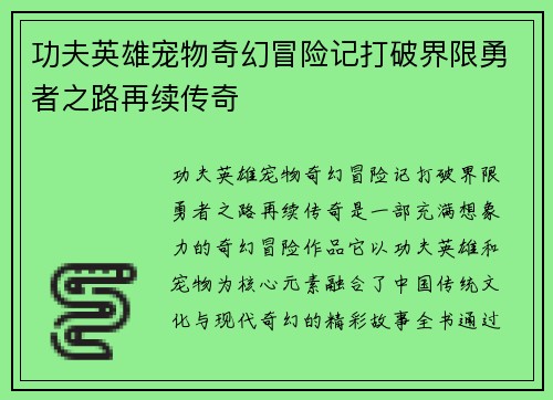 功夫英雄宠物奇幻冒险记打破界限勇者之路再续传奇 功夫英雄宠物奇幻冒险记打破界限勇者之路再续传奇